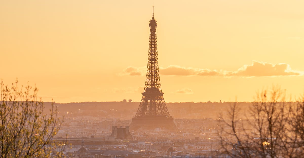 A scenic view of the Eiffel Tower during a serene sunset with the Paris skyline in the foreground.