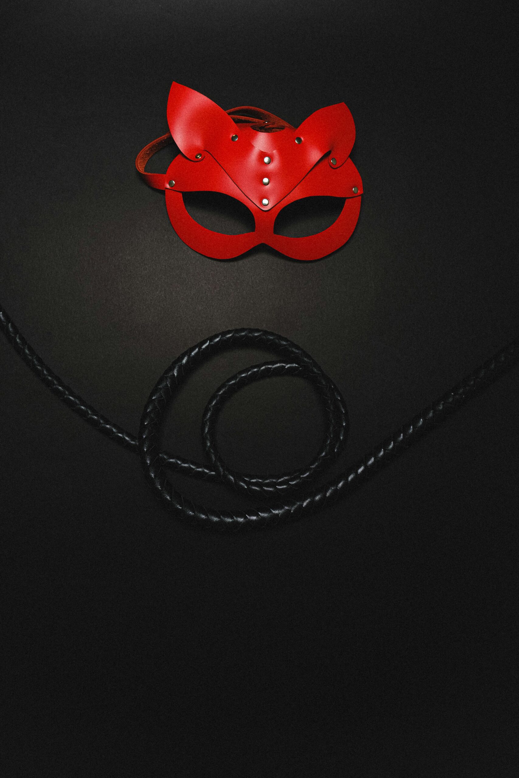 A red leather mask paired with a black whip, evoking themes of mystery and sensuality.