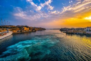 malta, harbor, sunset, sky, sea, mediterranean, bay, blue sky, valletta, water, blue, valetta, maltese, ship, port, sunrise, island, walls, nature, old, travel, cruise, boats, holiday, evening, clouds