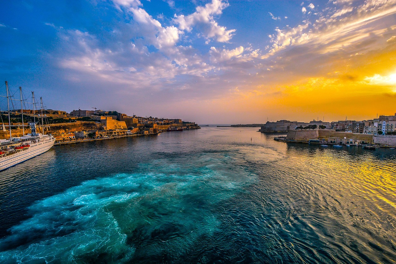 malta, harbor, sunset, sky, sea, mediterranean, bay, blue sky, valletta, water, blue, valetta, maltese, ship, port, sunrise, island, walls, nature, old, travel, cruise, boats, holiday, evening, clouds