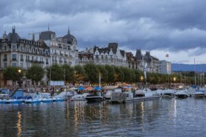 geneva, lake, boats, water, yachts, city, building, architecture, sunset, nature, clouds, dusk, switzerland, lake geneva
