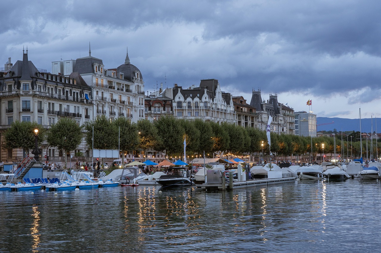 geneva, lake, boats, water, yachts, city, building, architecture, sunset, nature, clouds, dusk, switzerland, lake geneva